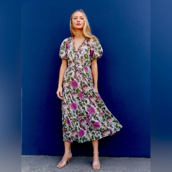 Banjanan Freyja Poppy Maxi Dress Lilac Sachet Pink Green Floral Organic Cotton